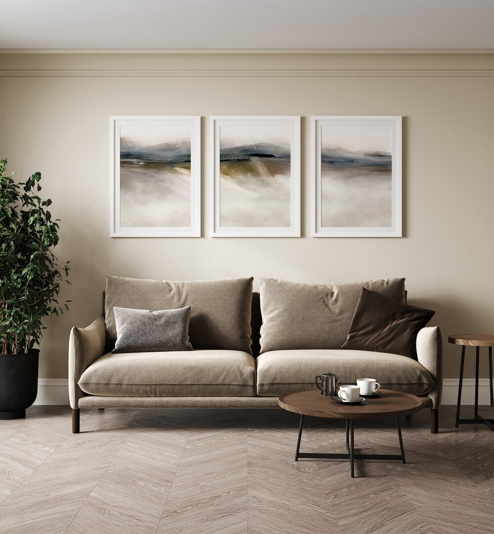 Transform your decor with the DUNE ABSTRACT SET, SET OF 3 PAINTINGS, featuring serene dune-inspired artworks.