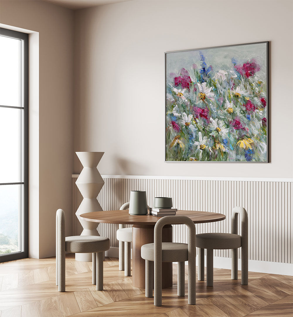 Brighten your decor with DAISY IN PINK WHITE, FLORAL FLOWER PAINTINGS, showcasing vibrant abstract floral artwork.