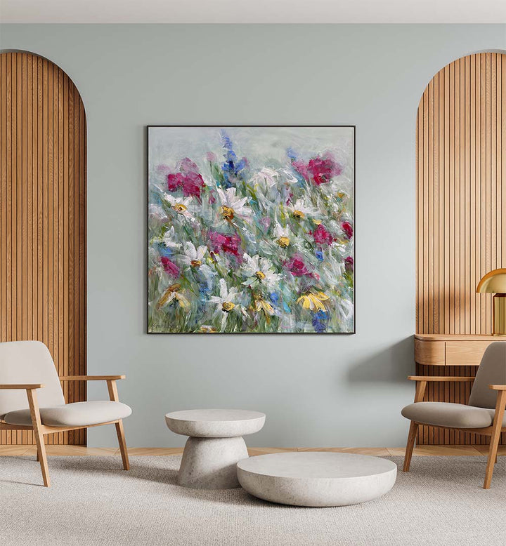 Brighten your space with DAISY IN PINK WHITE, FLORAL FLOWER PAINTINGS featuring vibrant blossoms and abstract strokes.