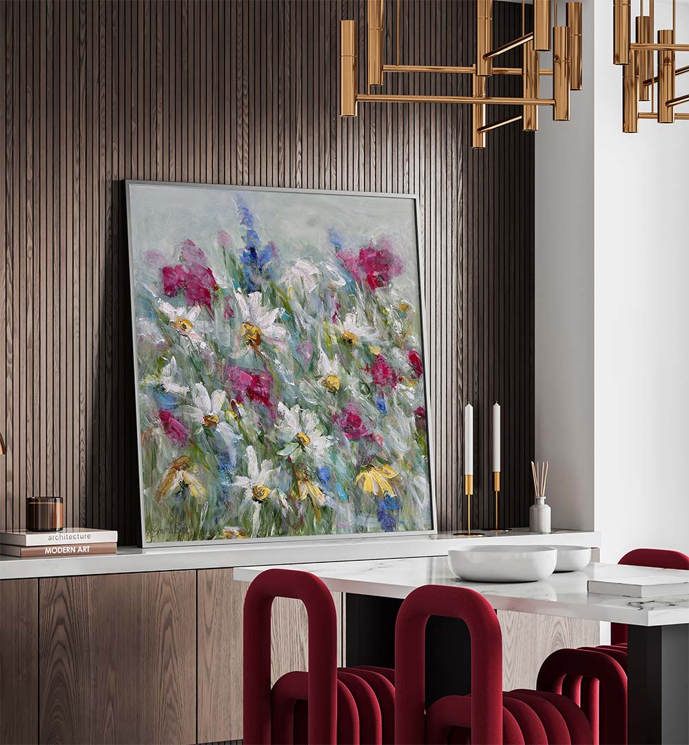 Brighten your space with DAISY IN PINK WHITE, FLORAL FLOWER PAINTINGS, showcasing vibrant flowers and abstract brushstrokes.