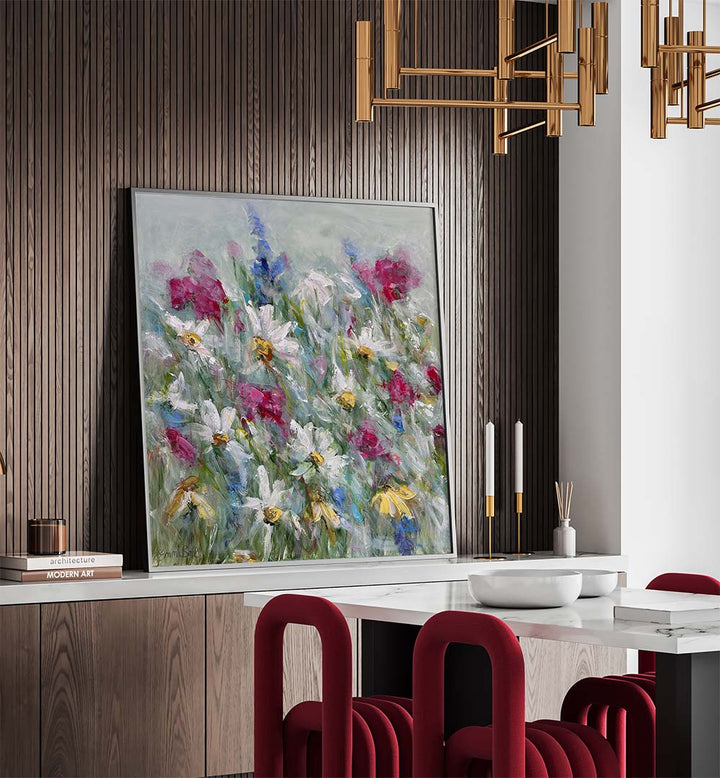 Brighten your space with DAISY IN PINK WHITE, FLORAL FLOWER PAINTINGS, showcasing vibrant flowers and abstract brushstrokes.