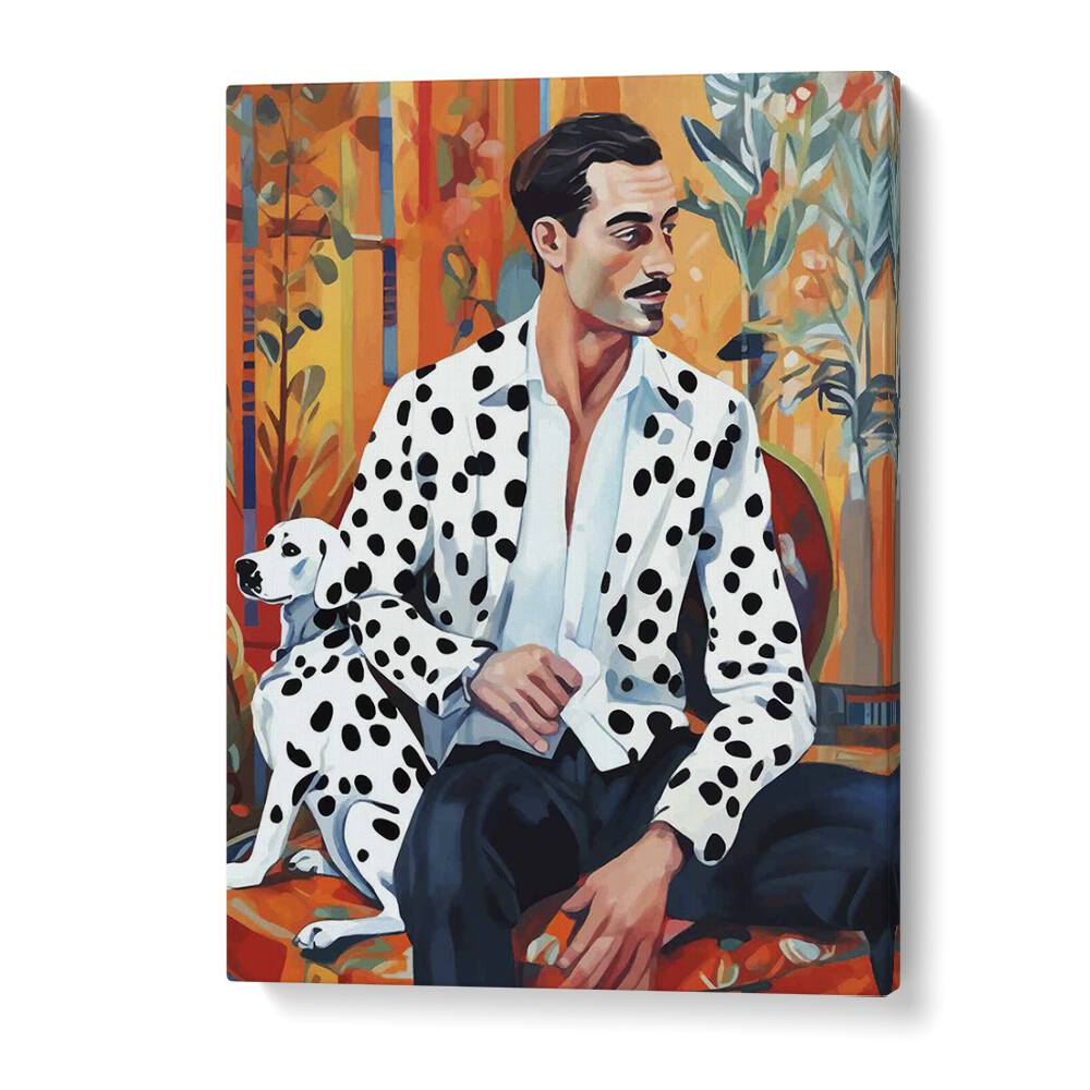 Stylish DALMATIAN, FASHION POSTERS by Uma Gokhale featuring a man in a polka dot jacket with a Dalmatian dog.