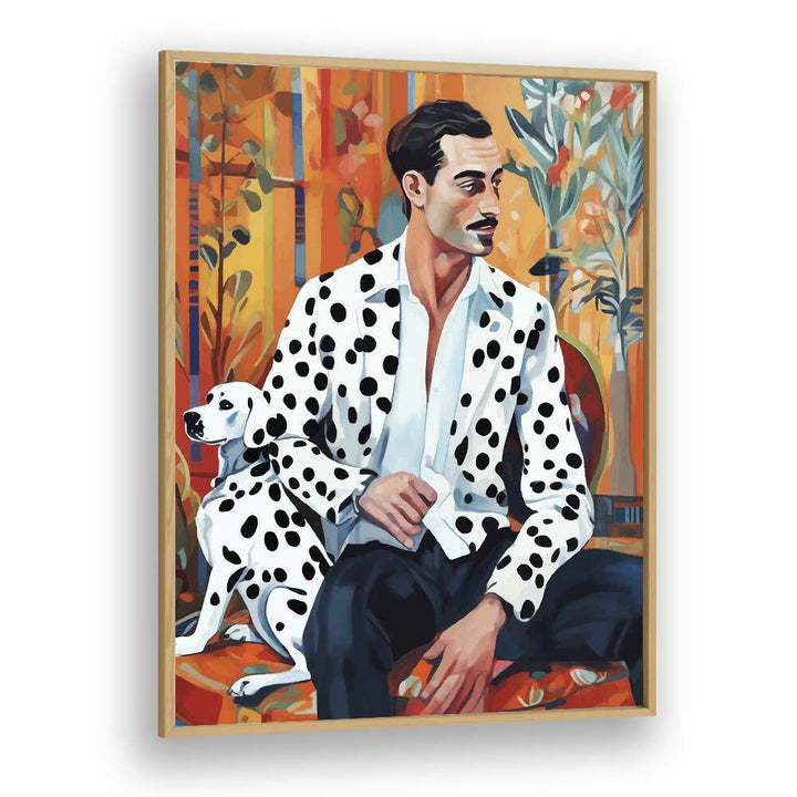 Stylish DALMATIAN, FASHION POSTERS by Uma Gokhale, featuring a chic man and his Dalmatian in a vibrant setting.