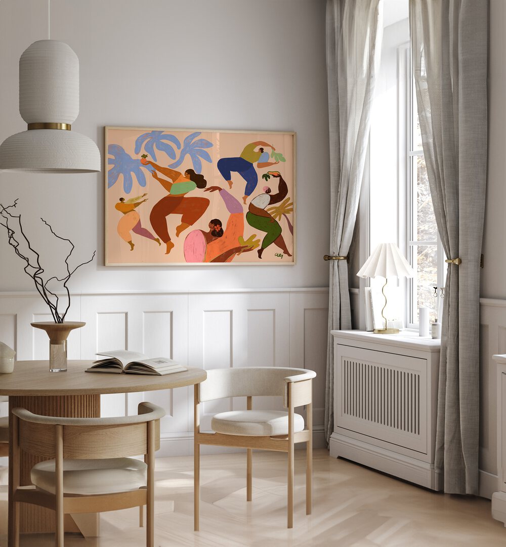 Dance Dance By Arty Guava Wall Art Prints in Oak Wood Plain Frame placed on a White Colored Wall near a Dining Table in the Dining Room
