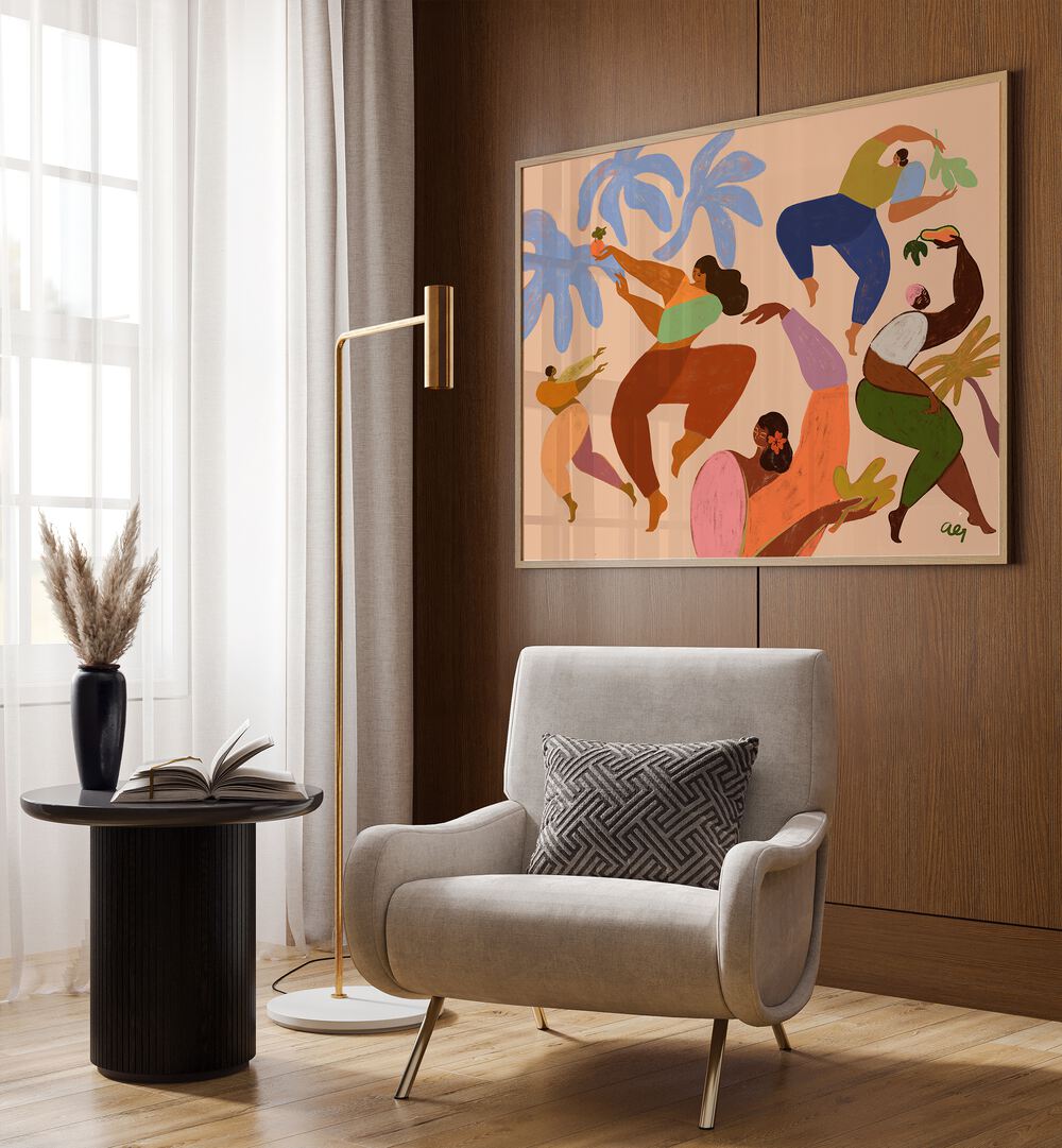 Dance Dance By Arty Guava Wall Art Prints in Oak Wood Plain Frame Placed on a Wooden Textured wall in the Drawing Room