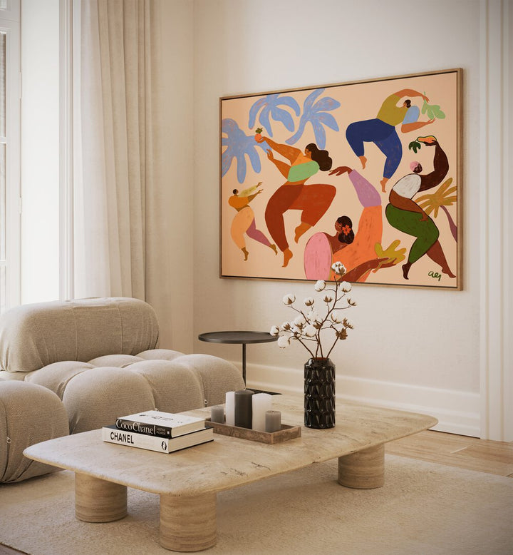 Dance Dance By Arty Guava Wall Art Prints in Oak Wood Floater Frame placed on a White Colored Wall near a Beige Sofa in the Living Room