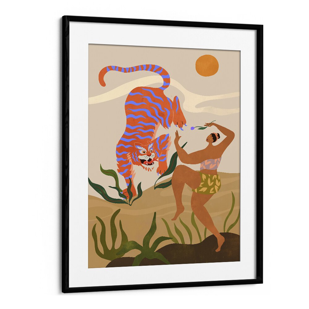 Colorful wall art featuring a dancer and a tiger, embodying "DANCE WITH ME, ANIMAL PAINTINGS" by Arty Guava.