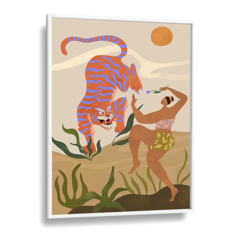 Colorful "Dance With Me" animal paintings by Arty Guava, showcasing a vivid tiger and dancer, perfect for your space.