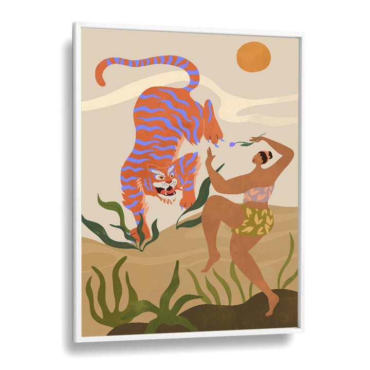 Colorful "Dance With Me" animal paintings by Arty Guava, showcasing a vivid tiger and dancer, perfect for your space.
