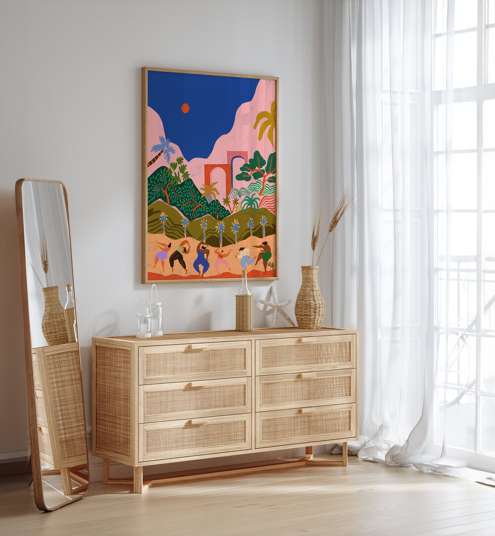 Dancing In Paradise By Arty Guava Wall Art Prints in Oak Wood Plain Frame placed on a White Colored Wall above a Console Table in the Drawing Room