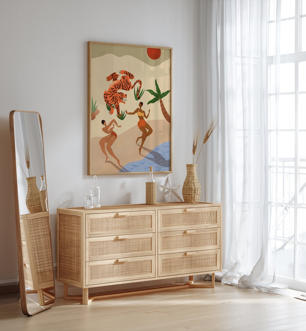 Dancing Tiger By Arty Guava Wall Art Prints in Oak Wood Plain Frame placed on a White Colored Wall above a Console Table in the Drawing Room
