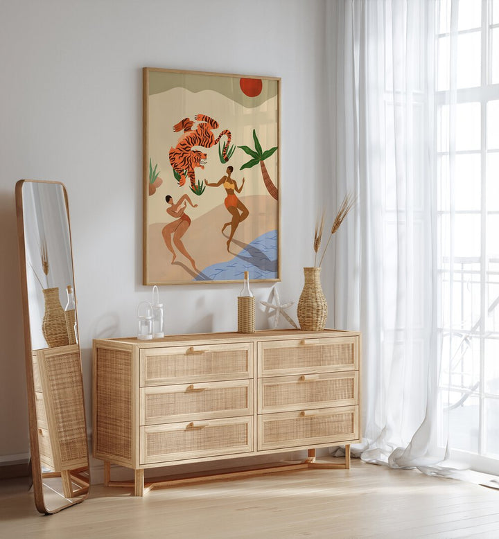 Dancing Tiger By Arty Guava Wall Art Prints in Oak Wood Plain Frame placed on a White Colored Wall above a Console Table in the Drawing Room