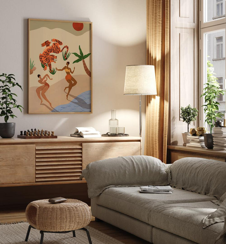 Dancing Tiger By Arty Guava Wall Art Prints in Oak Wood Plain Frame placed on a Cream Colored Wall above a Console Table near a Grey Sofa in the Living Room