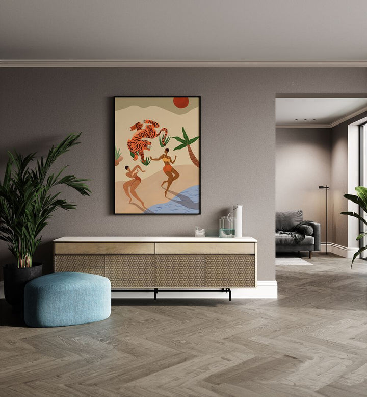 Dancing Tiger By Arty Guava Wall Art Prints in Black Plain Frame placed on a Beige Colored Wall above a Console Table in the Drawing Room