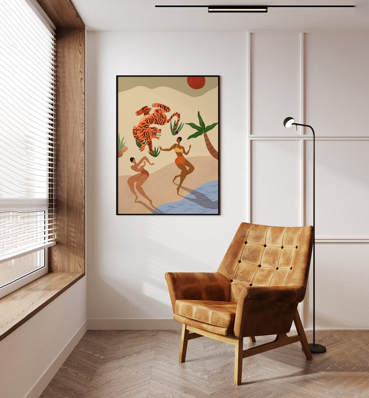 Dancing Tiger By Arty Guava Wall Art Prints in Black Plain Frame placed on a Cream Colored Wall in the Drawing Room