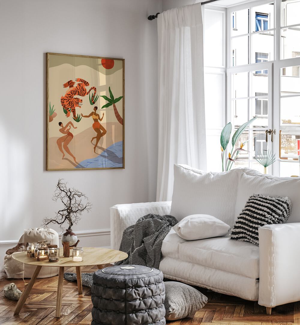 Dancing Tiger By Arty Guava Wall Art Prints in Oak Wood Plain Frame placed on a White Colored Wall near a White Sofa in the Living Room
