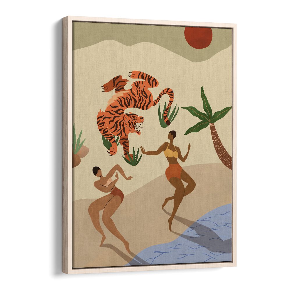 Dancing Tiger By Arty Guava Wall Art Prints in Oak Wood Floater Frame