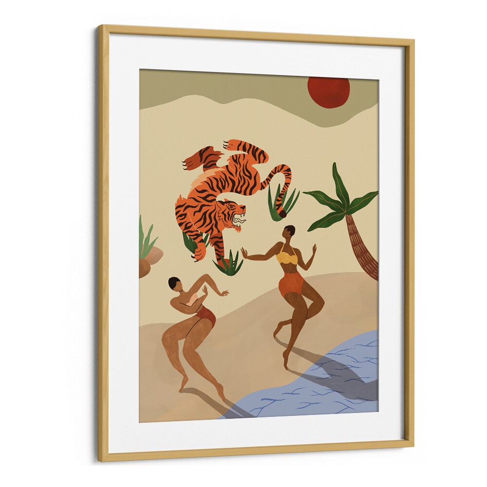Dancing Tiger By Arty Guava Wall Art Prints in Oak Wood Frame With Mount