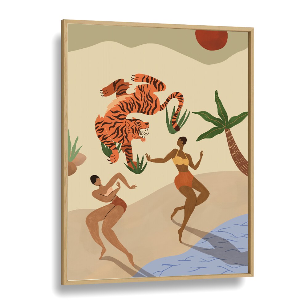 Dancing Tiger By Arty Guava Wall Art Prints in Oak Wood Plain Frame
