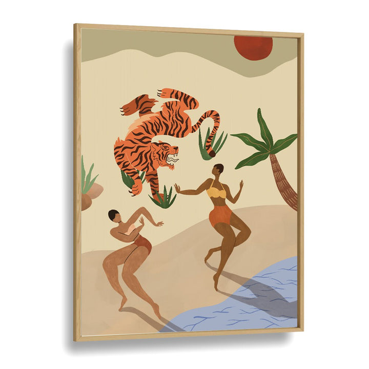 Dancing Tiger By Arty Guava Wall Art Prints in Oak Wood Plain Frame