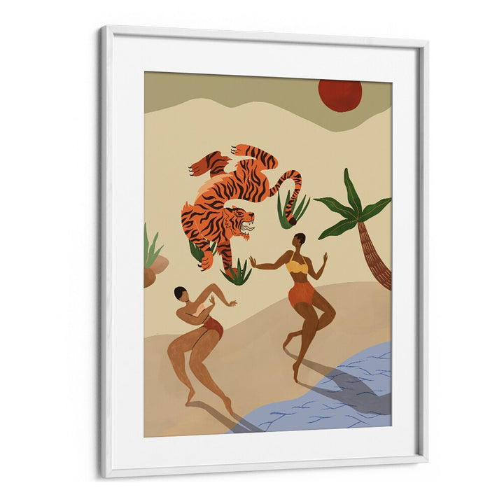 Dancing Tiger By Arty Guava Wall Art Prints in White Frame With Mount