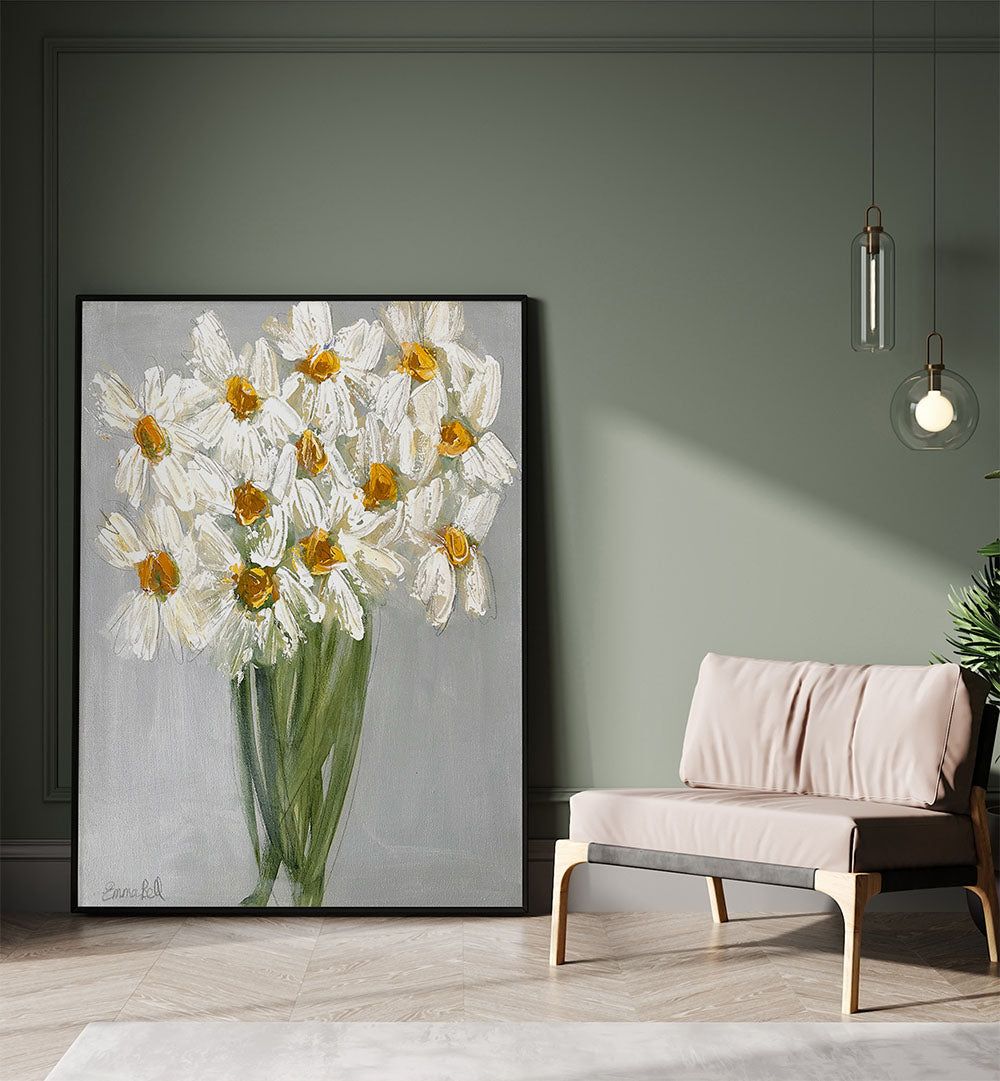 Transform your space with the DELICATE BOUQUET OF DAISIES, FLORAL FLOWER PAINTINGS, perfect for any room decor.