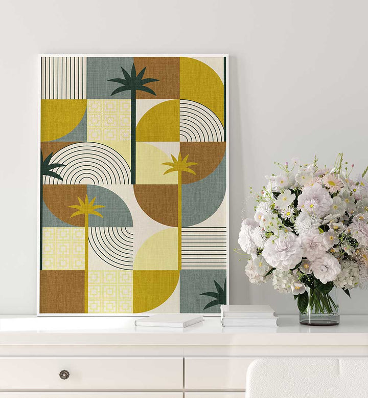 DESERT SHAPES ADN PALMS MUSTARD , BOHO ART PAINTINGS