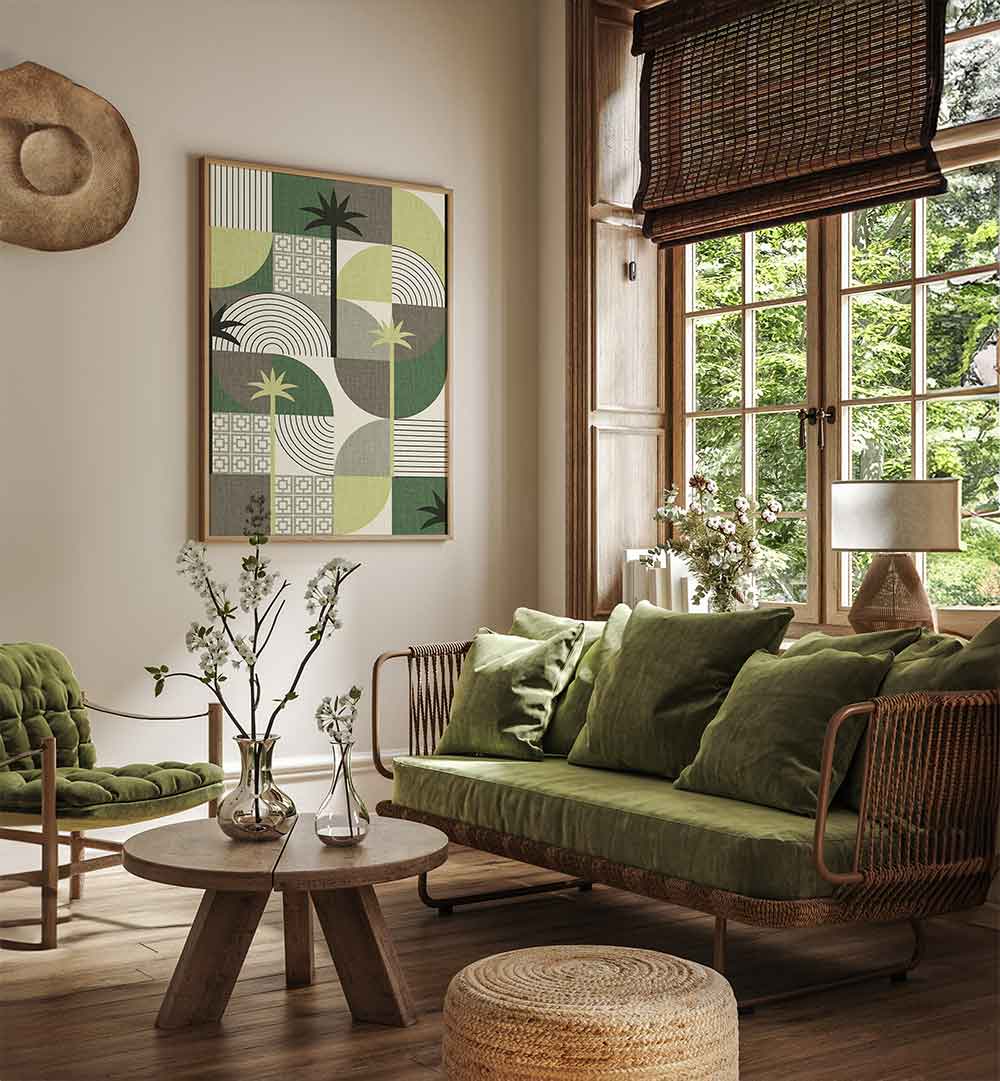 DESERT SHAPES AND PALMS GREEN , FLORAL FLOWER PAINTINGS