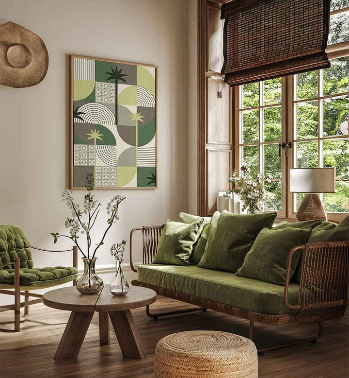 DESERT SHAPES AND PALMS GREEN , FLORAL FLOWER PAINTINGS