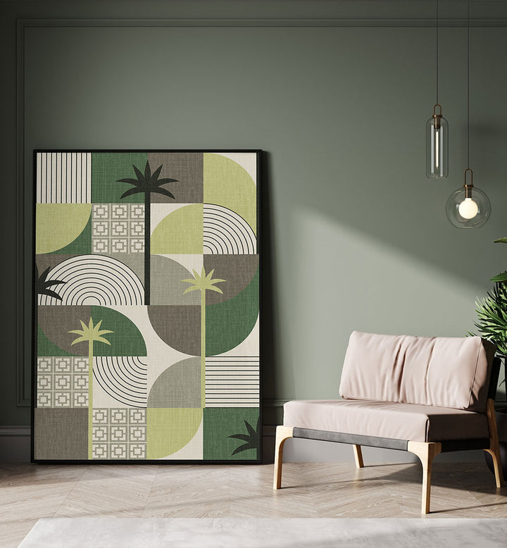 DESERT SHAPES AND PALMS GREEN , FLORAL FLOWER PAINTINGS