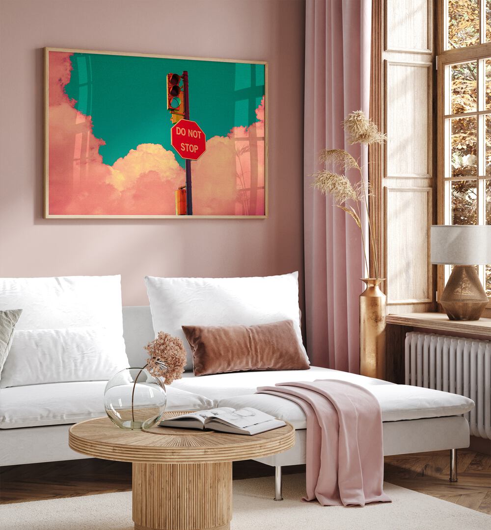 Brightly colored surreal art print titled "DO NOT STOP" by Cosmo Zach, perfect for transforming your space with elegance.