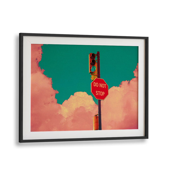 "DO NOT STOP, SURREAL ART PRINTS by Cosmo Zach features a striking stop sign against vibrant clouds, perfect for any space."