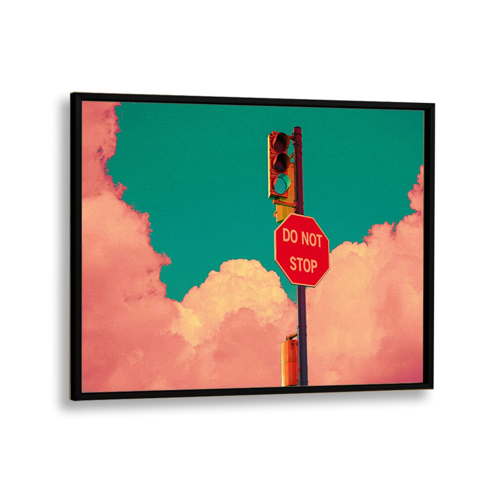 Colorful "DO NOT STOP , SURREAL ART PRINTS" by Cosmo Zach, featuring a striking stop sign against vibrant clouds.