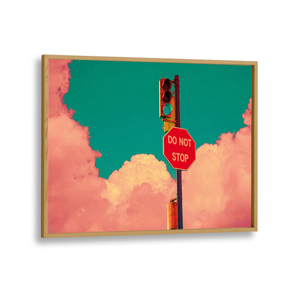Vibrant "DO NOT STOP, SURREAL ART PRINTS" by Cosmo Zach, featuring a striking traffic sign and colorful clouds.