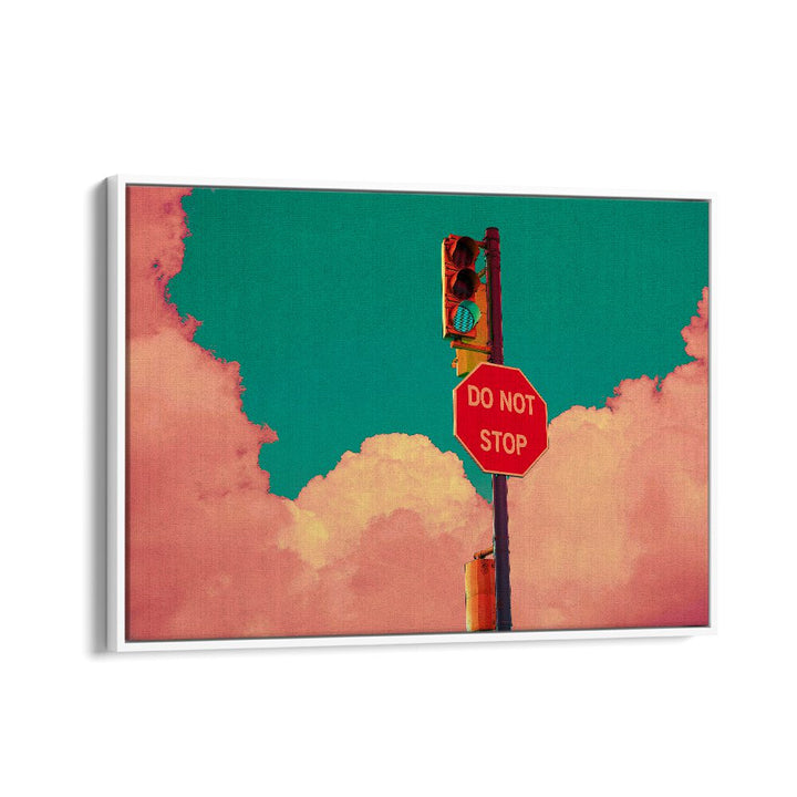 Bold colors and clouds highlight the "DO NOT STOP, SURREAL ART PRINTS" by Cosmo Zach, perfect for any modern space.