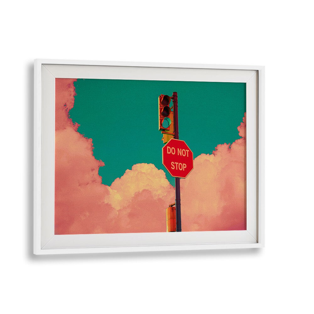 Do Not Stop, Surreal Art Prints by Cosmo Zach, features a striking traffic sign against vibrant clouds, perfect for any space.
