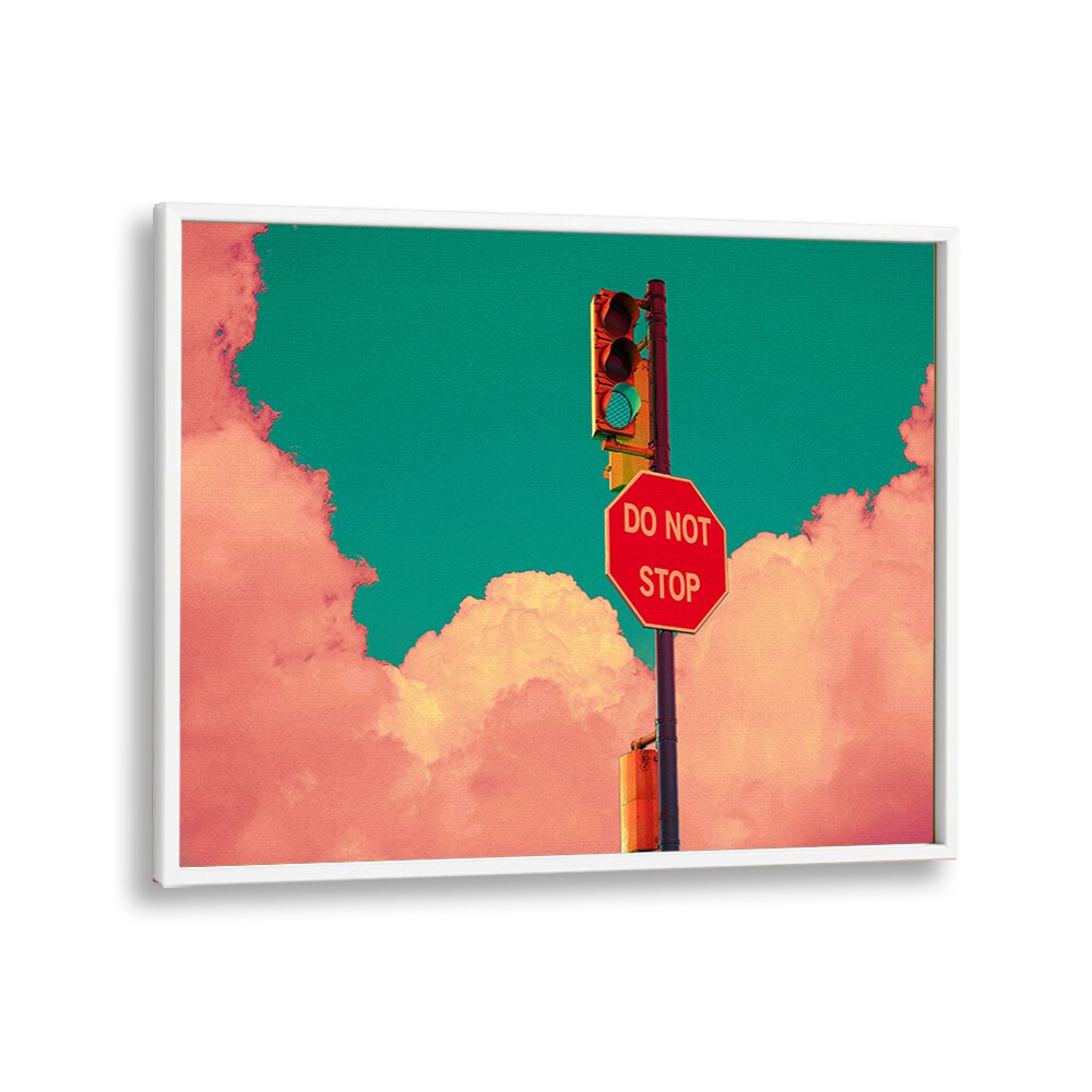 Colorful surreal art print "DO NOT STOP" by Cosmo Zach, perfect for transforming your space with modern elegance.