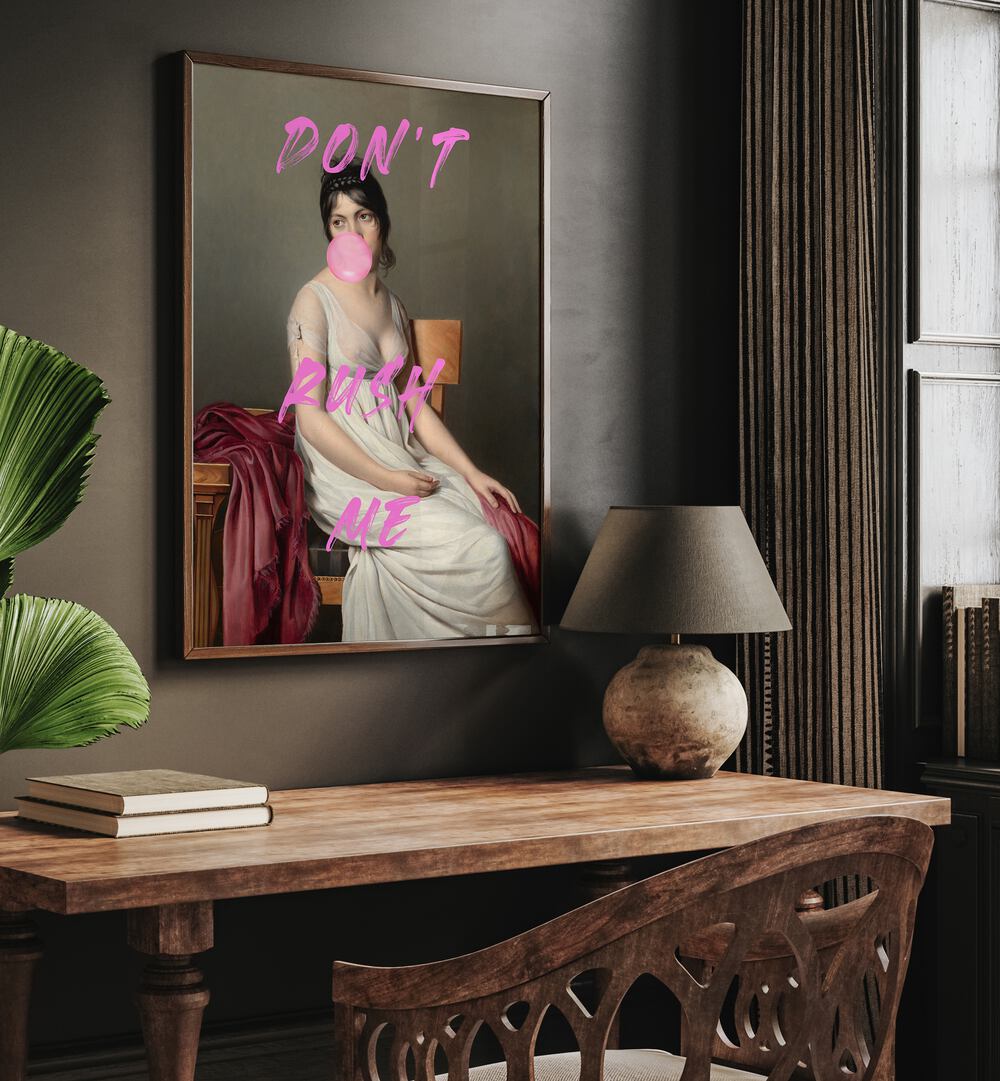 Stylish room featuring DONT RUSH ME VIII, ALTERED ART PRINTS by The Art Concept, blending classic and modern aesthetics.