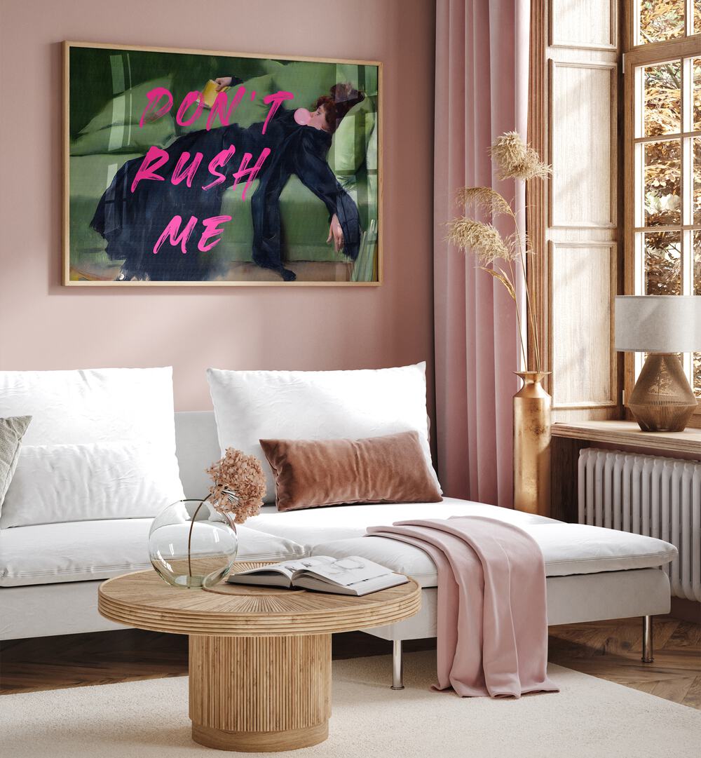 Stylish living room featuring "DONT RUSH ME VII," an eye-catching piece from ALTERED ART PRINTS by The Art Concept.