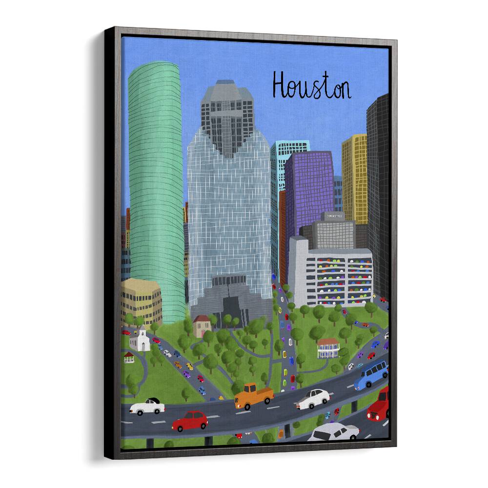 Houston skyline showcased in vibrant DOWNTOWN, TRAVEL POSTERS by Carla Daly, perfect for urban decor enthusiasts.