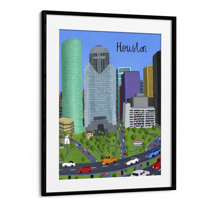 Vibrant DOWNTOWN, TRAVEL POSTERS by Carla Daly, showcasing Houston's skyline in a stylish black frame.