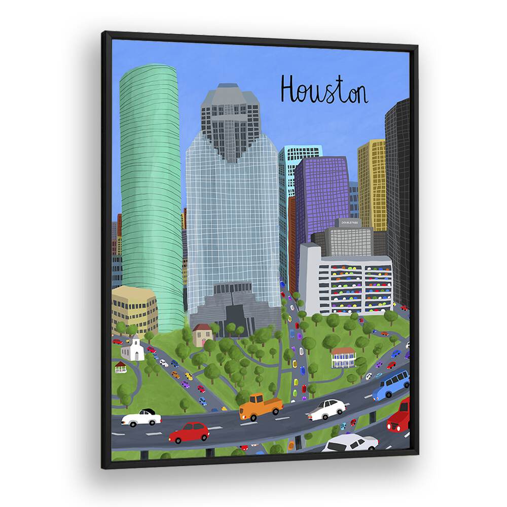 Colorful DOWNTOWN, TRAVEL POSTERS by Carla Daly showcase Houston's skyline, perfect for urban-inspired decor.