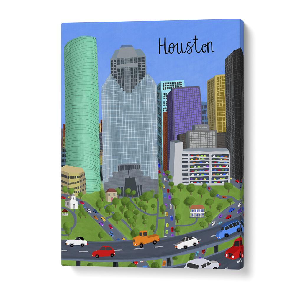 Vibrant Houston skyline artwork showcasing DOWNTOWN, TRAVEL POSTERS by Carla Daly for urban decor inspiration.