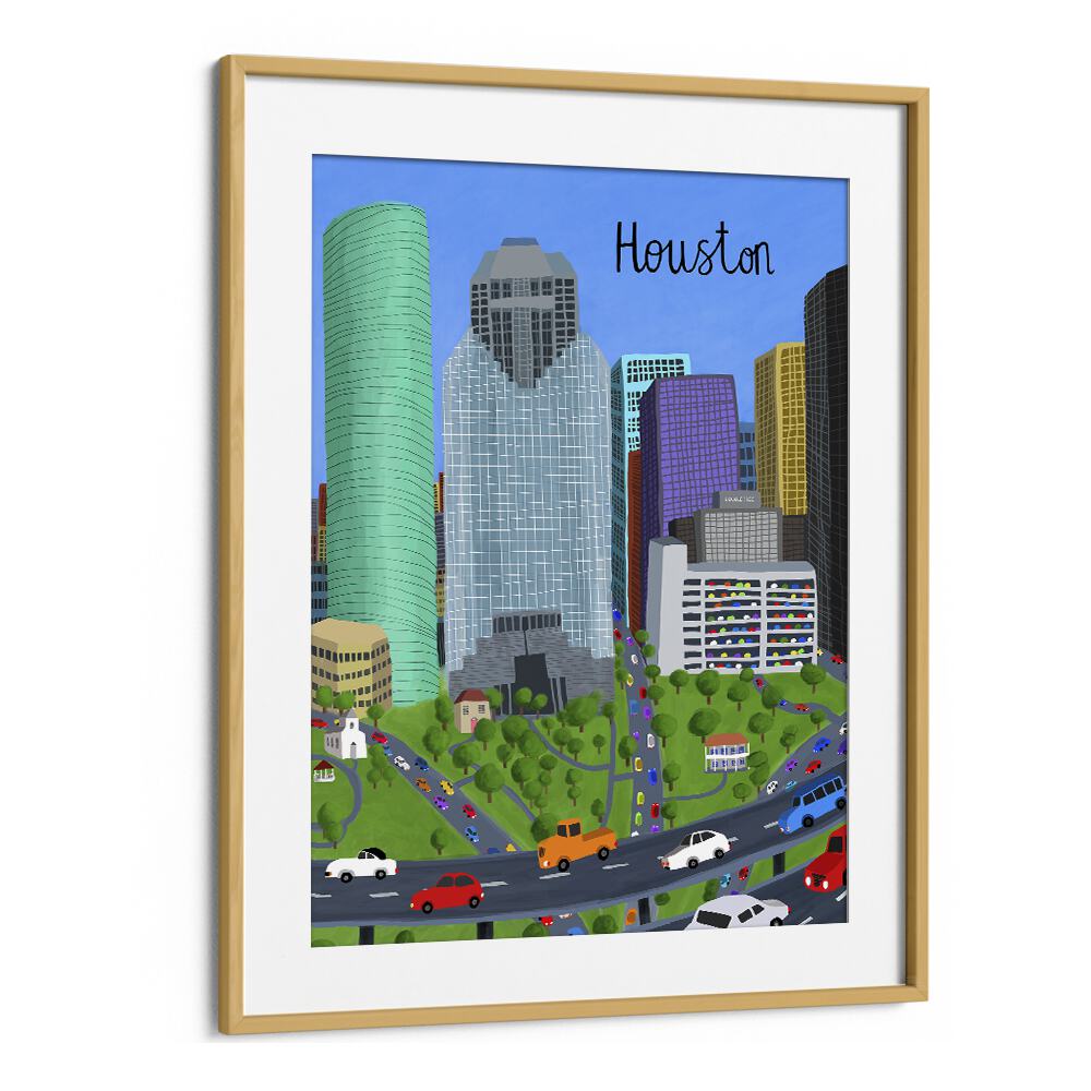 Vibrant DOWNTOWN, TRAVEL POSTERS by Carla Daly, showcasing Houston's skyline in an elegant oak frame.