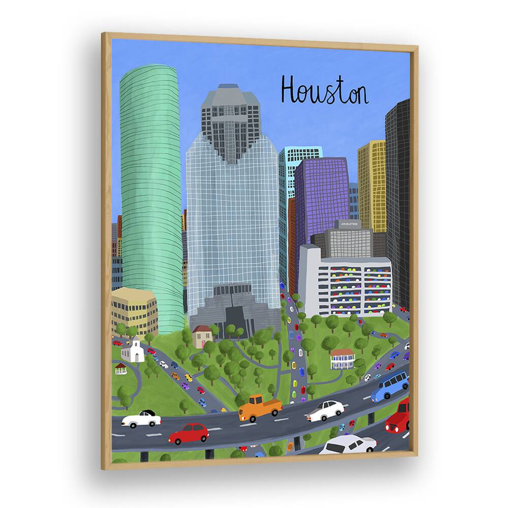Colorful Houston skyline framed DOWNTOWN, TRAVEL POSTERS by Carla Daly, perfect for urban-inspired decor.