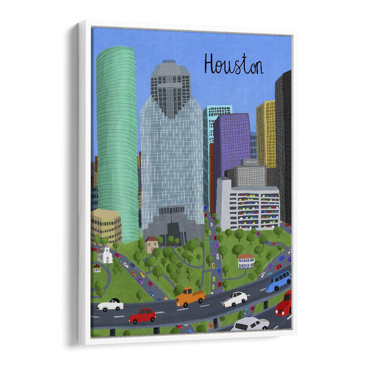 Colorful DOWNTOWN, TRAVEL POSTERS by Carla Daly showcase Houston's vibrant skyline, perfect for urban-inspired decor.