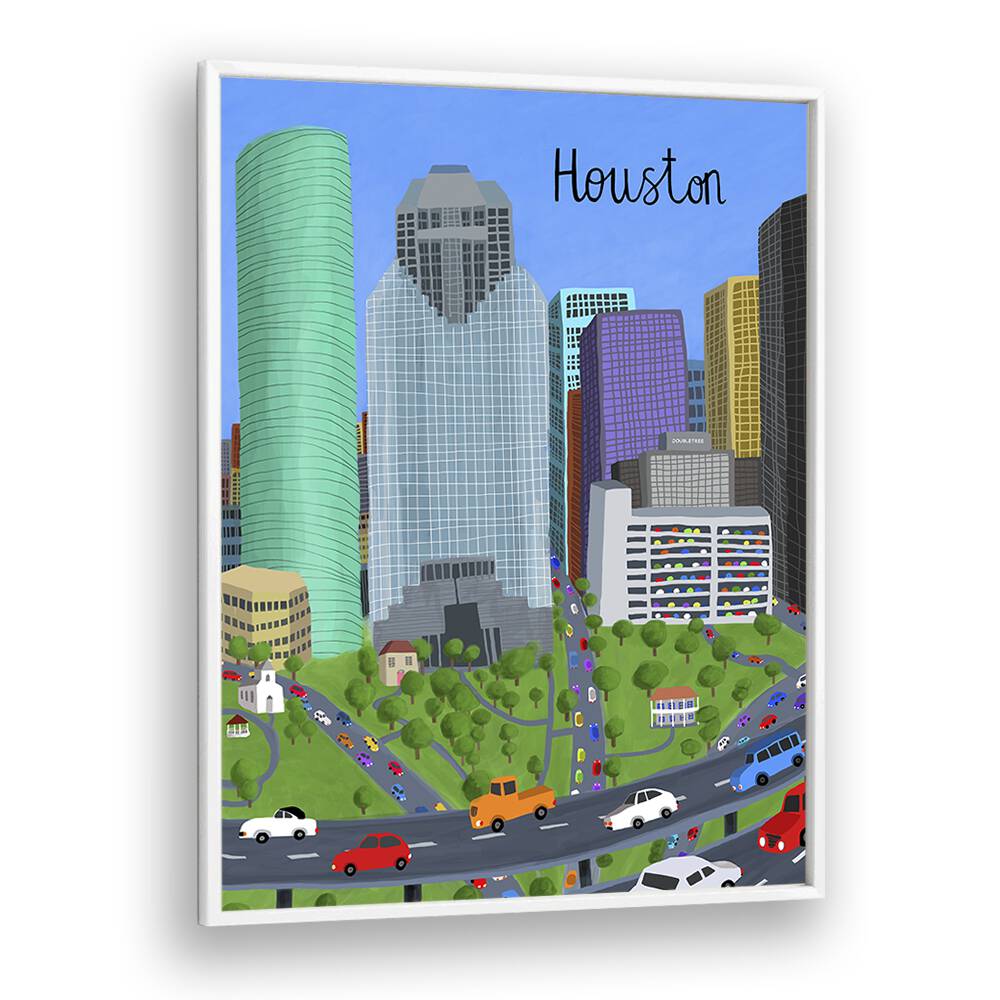 Vibrant DOWNTOWN, TRAVEL POSTERS by Carla Daly showcase Houston's skyline, perfect for urban-themed decor.