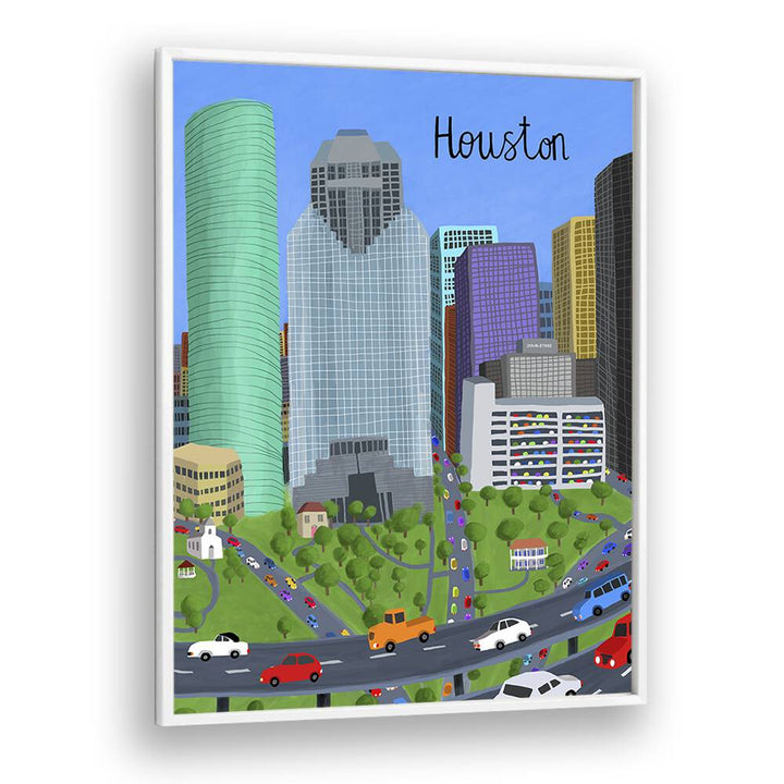Vibrant DOWNTOWN, TRAVEL POSTERS by Carla Daly showcase Houston's skyline, perfect for urban-themed decor.