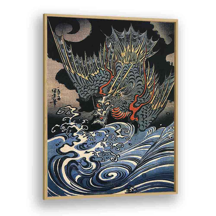 Dragon Flying Above Turbulent Waves 1831 By Utagawa Kuniyoshi Japanese Paintings in Oak Wood Plain Frame