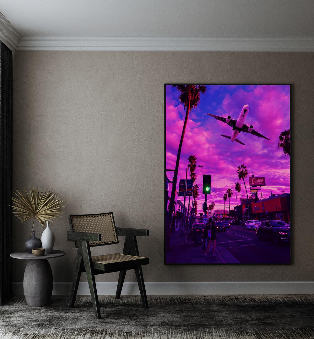 DREAMVERSE, SURREAL ART PRINTS by Ritvik Takkar captures a vibrant sky with an airplane soaring over a cityscape.